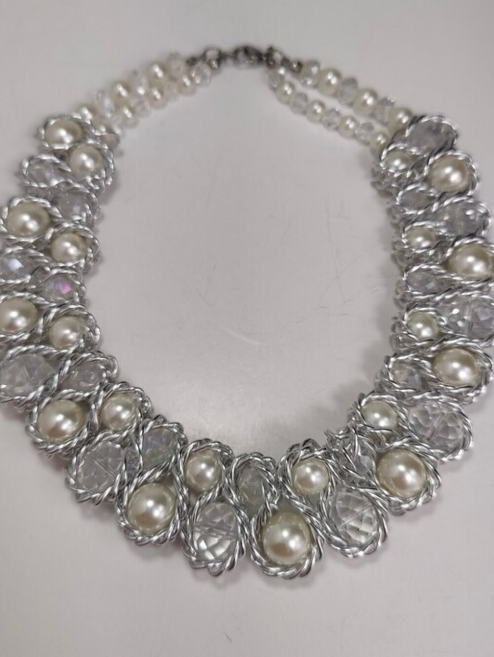 Statement Faux Pearl & Crystal Collar Necklace Silver Tone Wire Wrapped